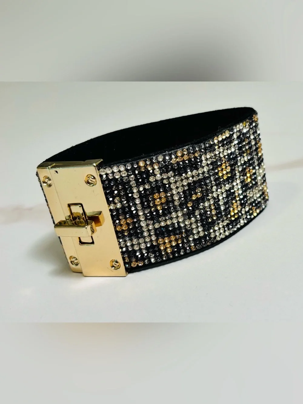 Crystal-Embellished Black & Gold Cheetah print Women's bracelet
